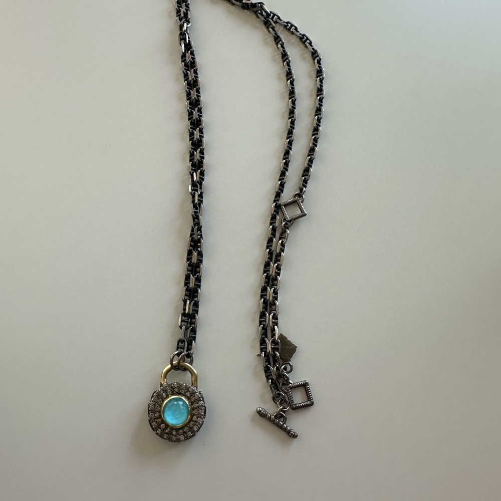 Armenta 18K gold and blackened silver with diamond pendant with turquoise
